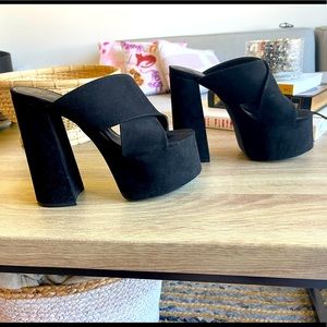 Dolls Kill 90s Platform Black Vegan Suede Yaya Platform Mules Slip Ons Heels